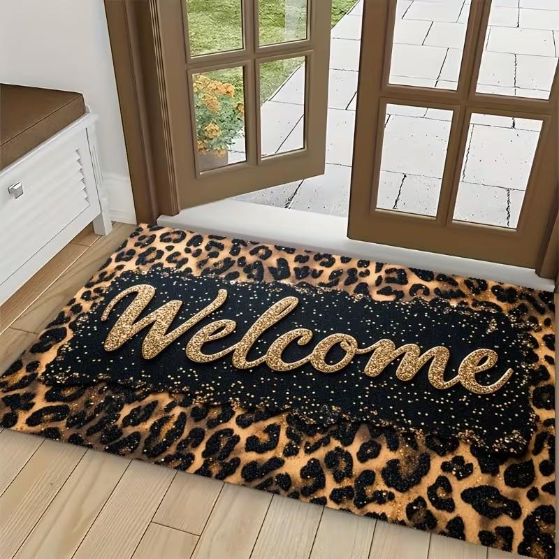 

Leopard Print Doormat with Golden Welcome Letter Front Door Mat Cozy Entrance Carpet for House Home Decor Non-Slip Floor Mat 40X60cm