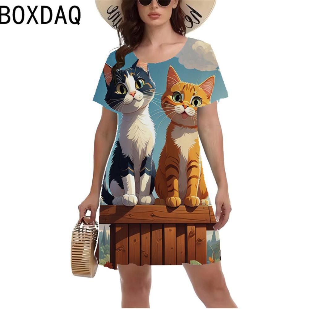Summer Fashion 3d Funny Cat Print Dress Women's Casual A-line Dress Short-sleeved O-neck Mini Dress