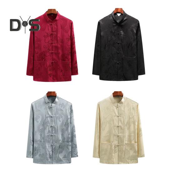 Neues Jahr traditionelle chinesische Männer Tang-Anzug Hemd Stehkragen Langarm Drachendruck Hemd Taschen Design Tai Chi Tops