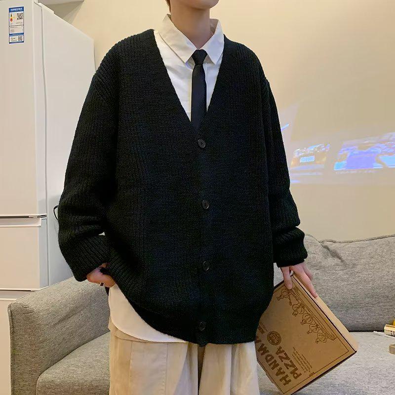 

Детский кардиган свитер в стиле ретро, однотонный, с V-образным вырезом, в японском стиле, 2023: Теплый, Повседневный и Вязаный для Мальчиков и Девочек. M чёрный