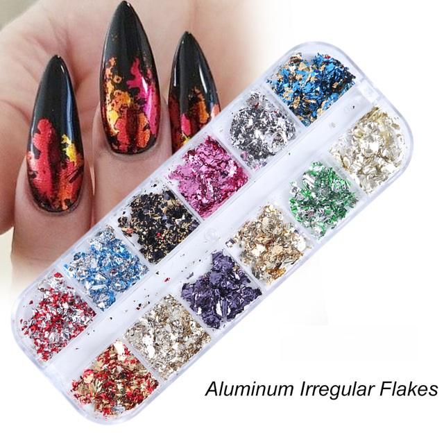 1 krabička nepravidelné třpytivé foliové nehty flitry na nehty třpytivé vločky nail art dekory na nehty příslušenství pro DIY manikúru