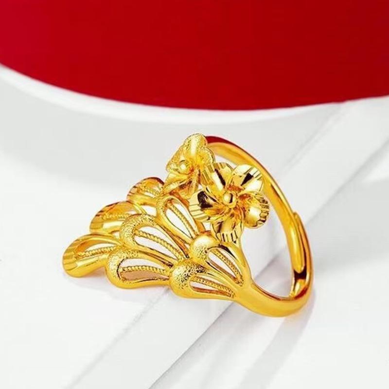 Gold-Plated Brass Phoenix Tail Ring – Openwork Peacock Design for Women