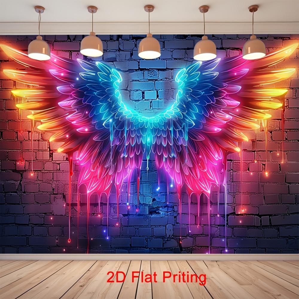 2D Plane Featuring Vibrant Digital Art Illustrations In Neon Colors Depicting Angel Wings and Halos