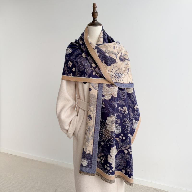 Women Elegant Vintage Large Floral Thick Warm Scarf Shawl For Autumn Winter