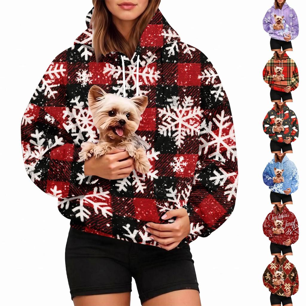 Women's Fashion Plaid Print Hoodie with Pet Pocket, Casual Sweatshirt for Everyday Wear
