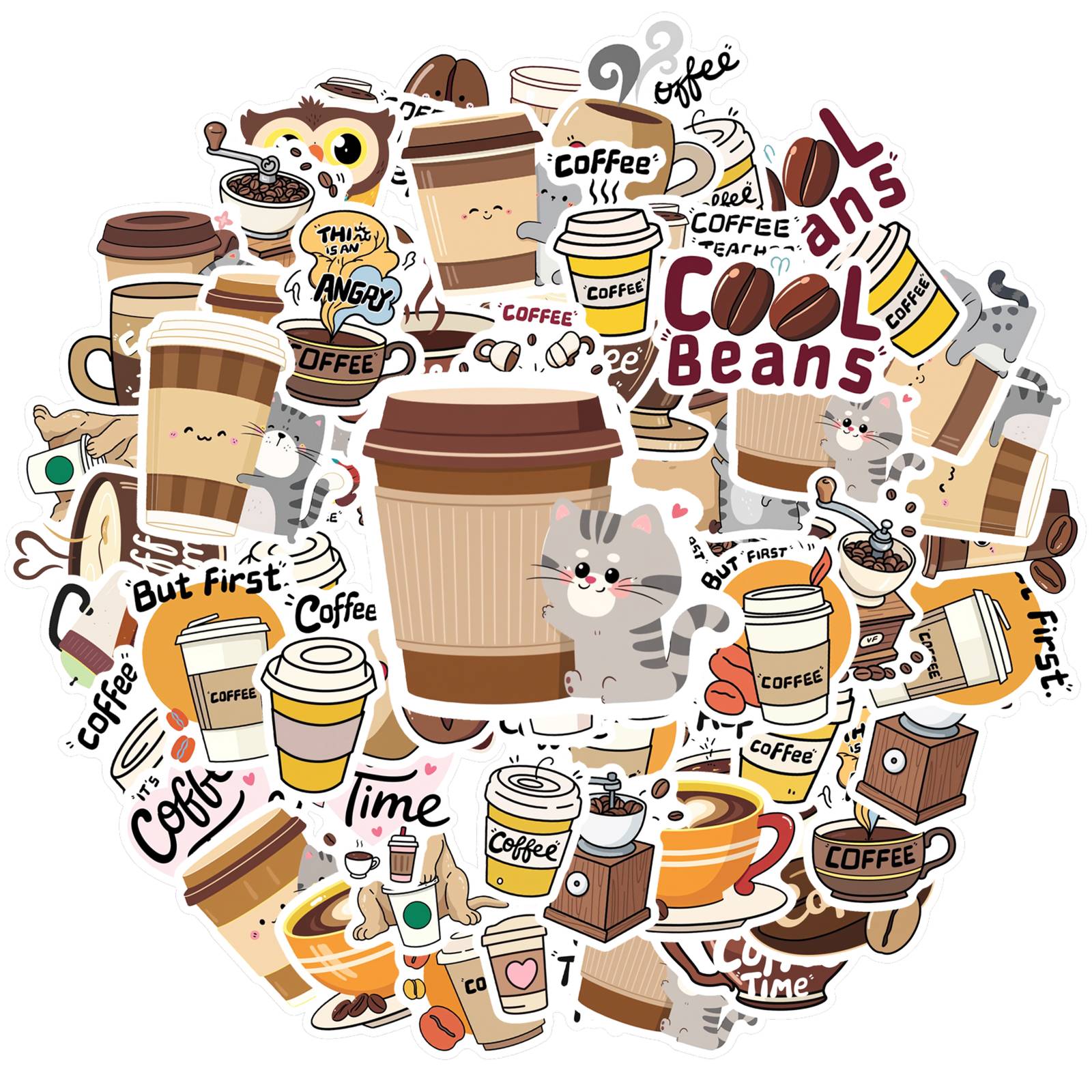35pcs-70pcs Whimsical Coffee Stickers Cartoon Cute Creatures DIY Stickers Coffee Stickers For Guitar Laptop Helmet Skateboard