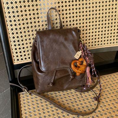 Brown Leather Pattern Small Backpack Retro Pu Soft Leather Texture Versatile Shoulder Bag Commuting Versatile Small Backpack