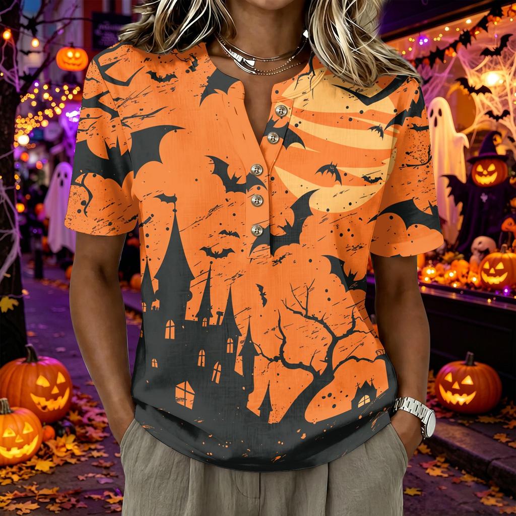 Women's Short Sleeve Henley Shirt Cotton Linen Blend Halloween Spider Web Graphic Button Neck Top Casual Blouse