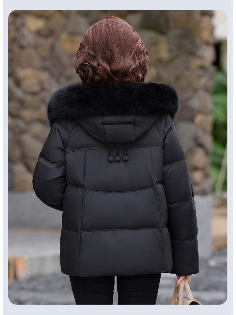 Premium Winter Hooded Short Down Jacket for Middle-aged and Elderly Women with Fox Fur Collar
