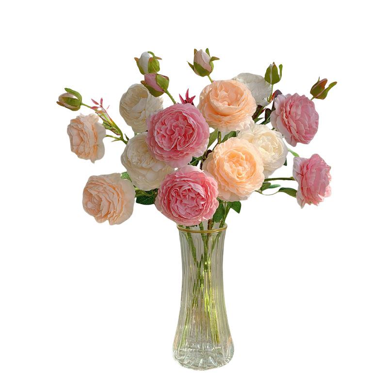 3-Head Peony Silk Flower Bouquet - Dried Floral Arrangement for Living Room or Dining Table Decor