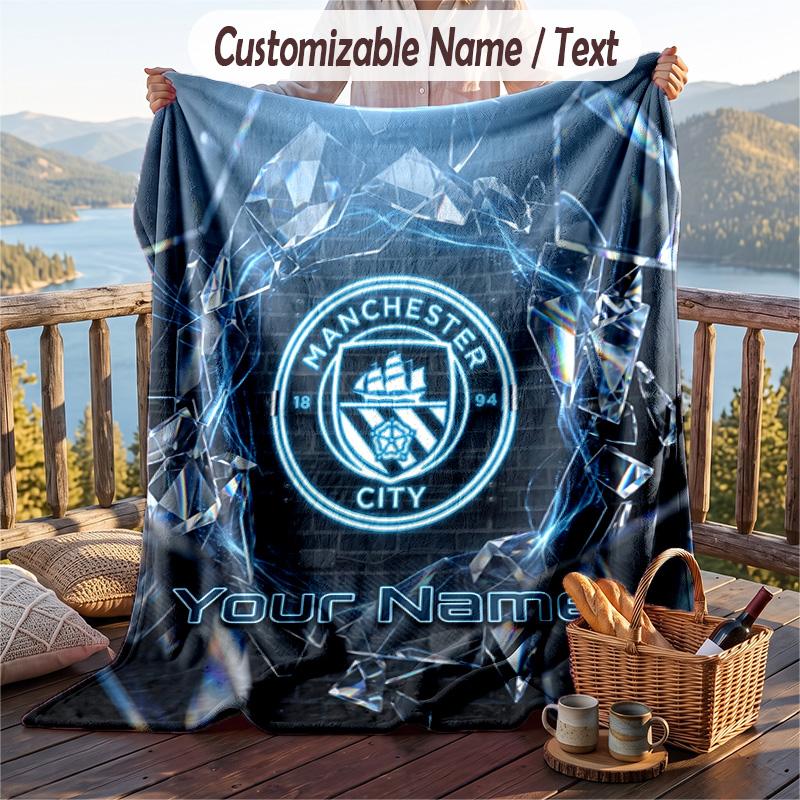 Flanellduk Manchester City Tryck Anpassat Namn Text Mjuk Pläd för Soffa Säng