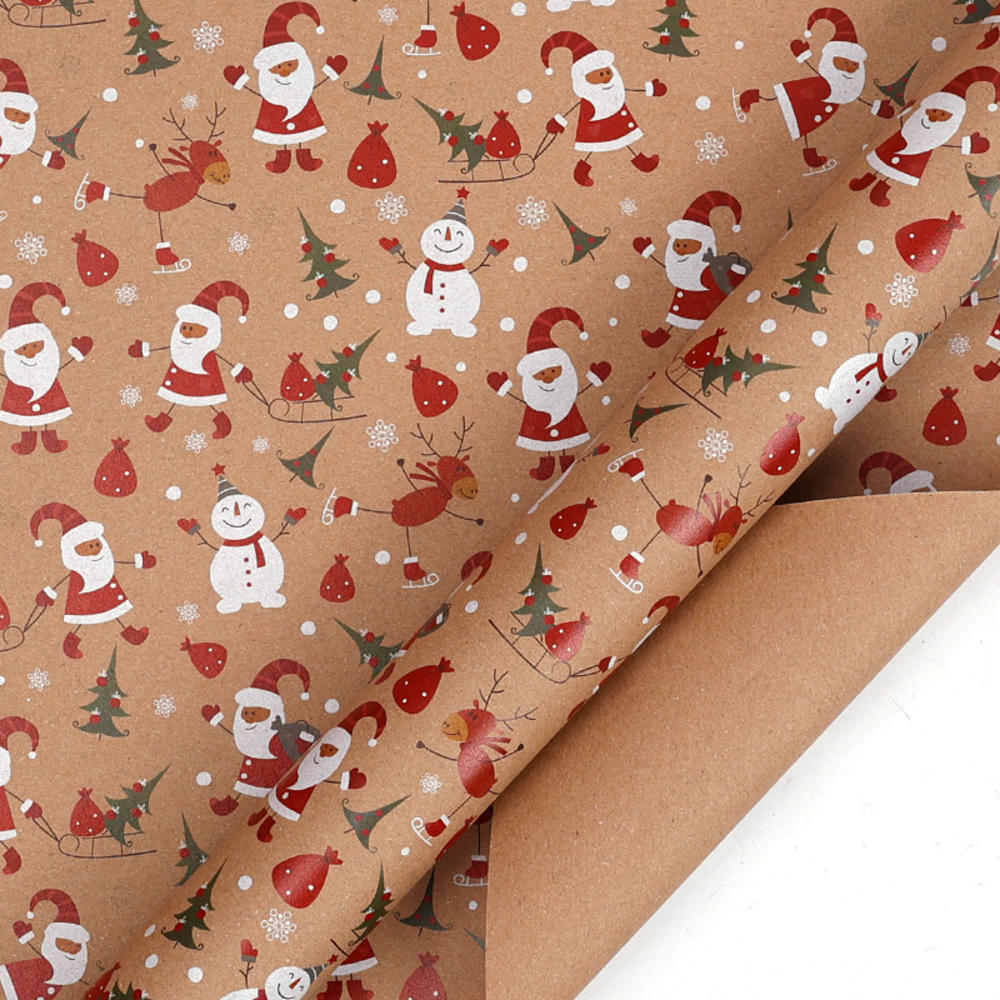 50x70cm 1 Roll Christmas Gift Wrapping Paper with Snowflake, Santa Claus, Reindeer Printed for Christmas, New Year Celebration