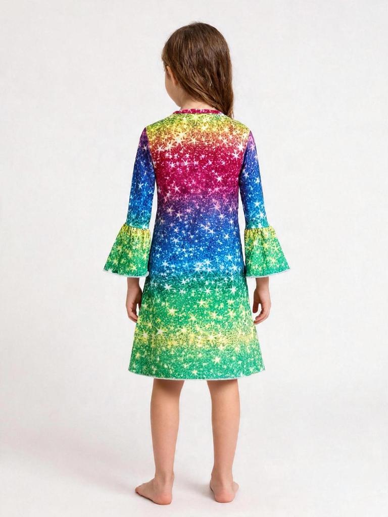 Girls' cartoon printed gradient multi-color long-sleeved flared sleeve round neck dress suitable for ages 2-7
