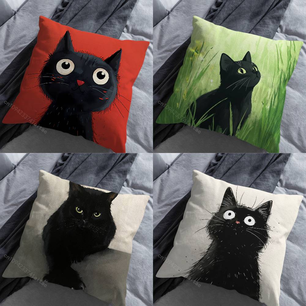 Cute Black Cat Cartoon Art Pillowcase for Sofa Room Office Decor Printing Merchandise AllMatch Cushion Cover
