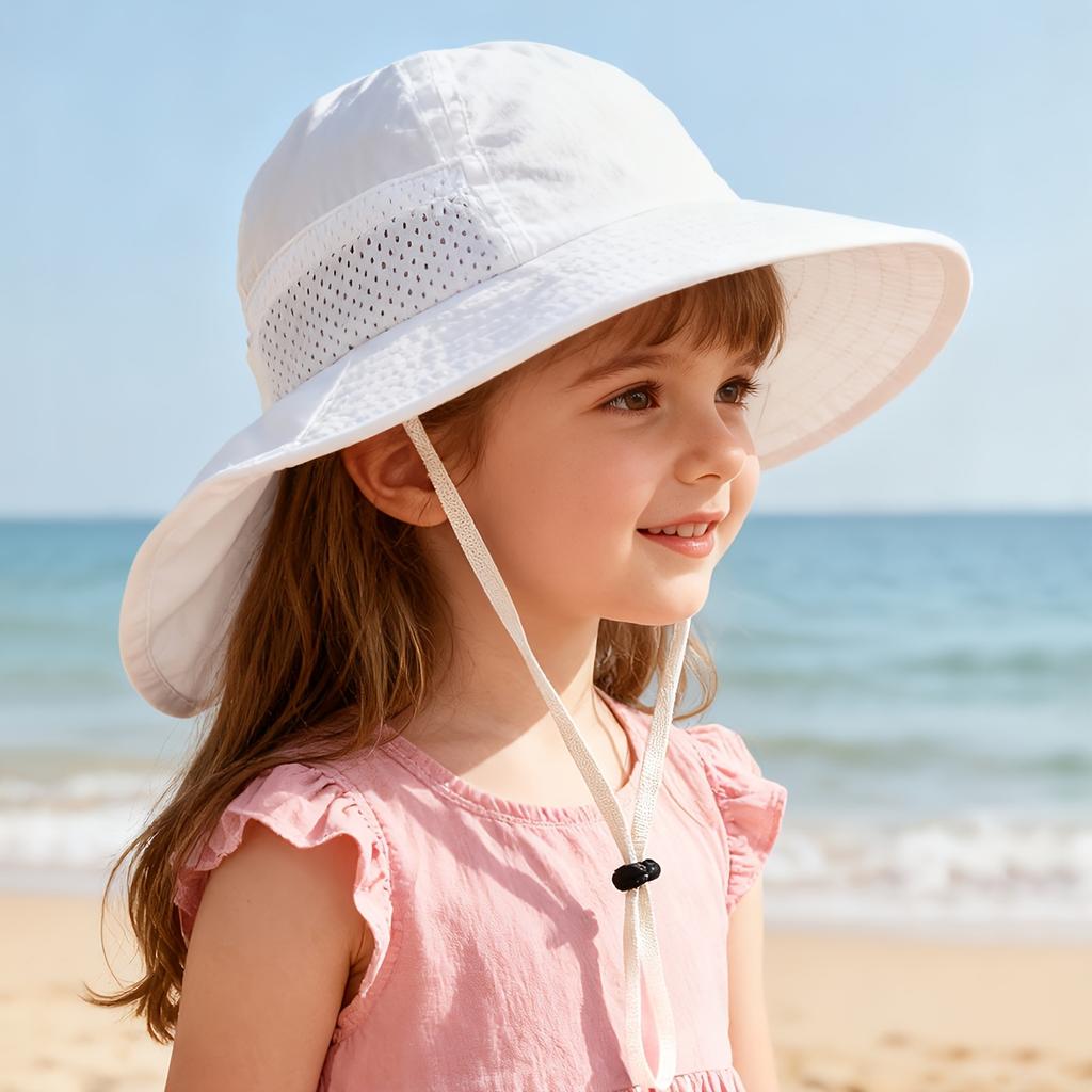 Children's Outdoor Wide-Brim Neck-Protection Hat, Breathable Mesh Sun Hat with Windproof Cord, Beach Play Hat