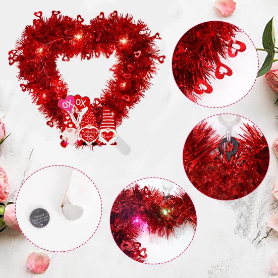 Prelit Valentine's Day Heart Shaped Wreath with String Light Red Tinsel Wreath with Foil Hearts for Wedding Anniversary Front Door Wall Decor