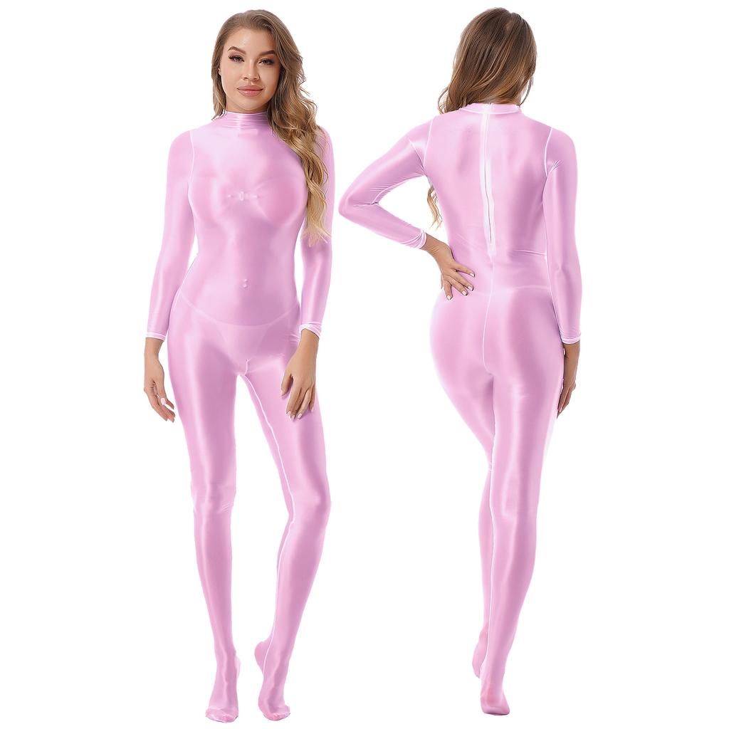 Womens Mock Neck Zipper Back Bodystocking Glossy Full Body Long Sleeve Sportswear Nightwear