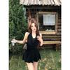 2025 French Style Black Halter Neck Spaghetti Strap Dress - Women's Summer Beach Resort Wear, Short Skirt