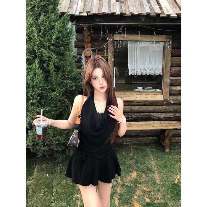 2025 French Style Black Halter Neck Spaghetti Strap Dress - Women's Summer Beach Resort Wear, Short Skirt