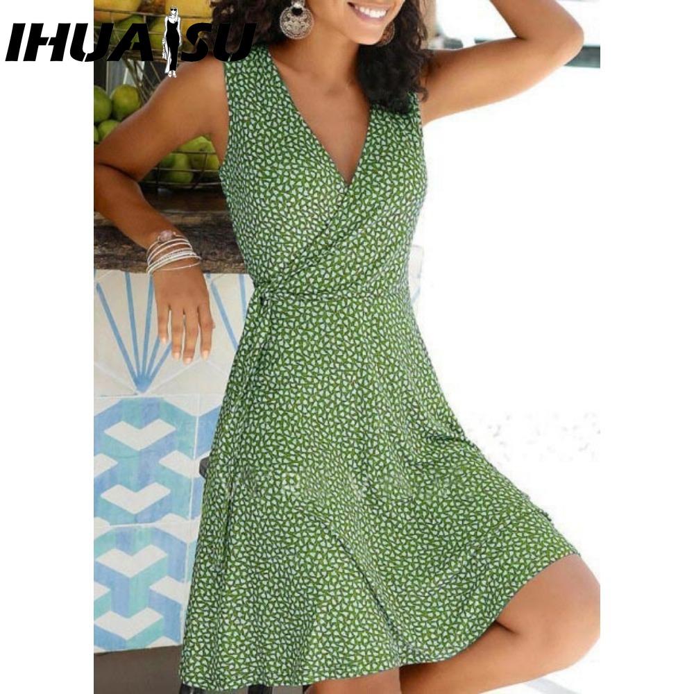 IHUASU Šaty s puntíkovaným potiskem Dámské bez rukávů Bandážové Plážové šaty Letní Bohémské šaty Pro ženy Ležérní Šaty s výstřihem do V Dámské Župan