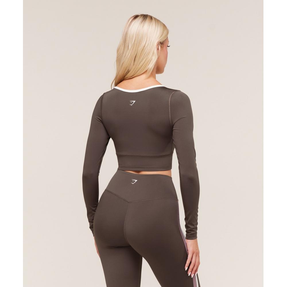 Gymshark Piping Long Sleeve Crop Top Walnut Brown Chestnut Pink Soft White B4c3t Nc87