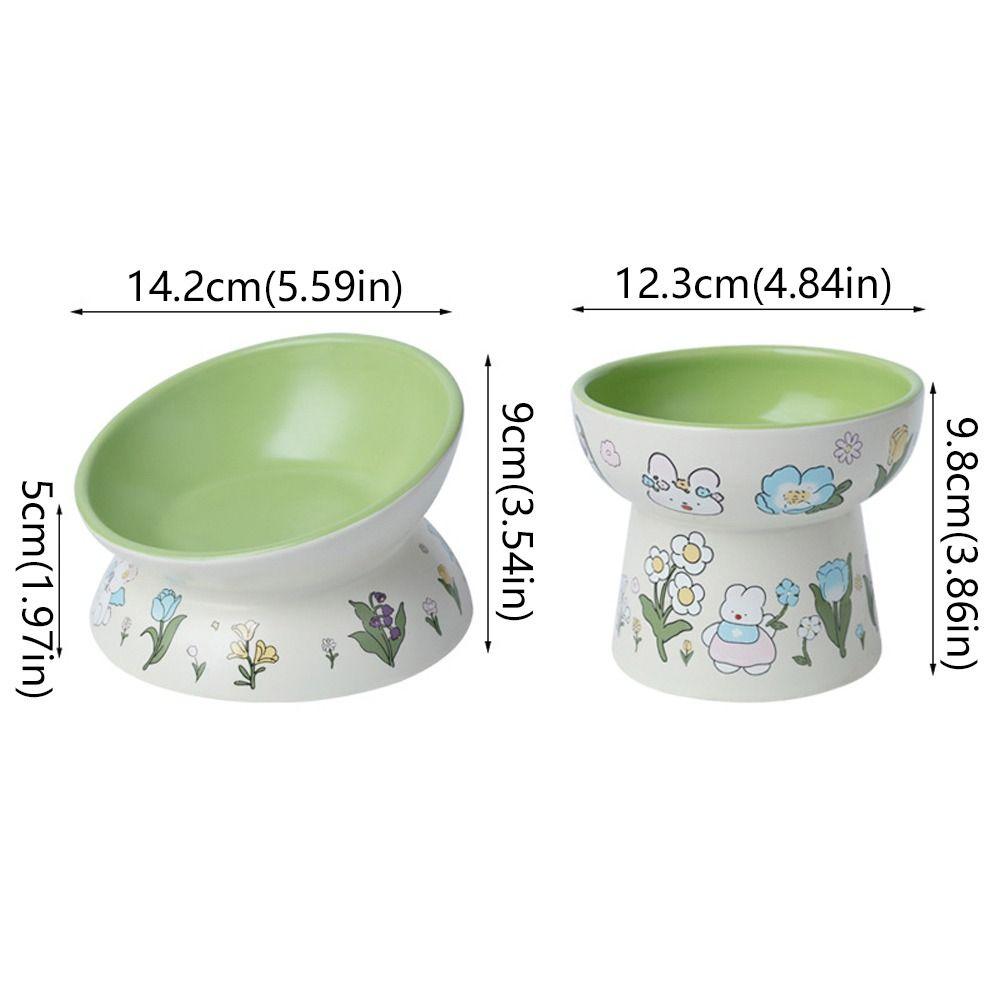 Green Rabbit Ceramic Cat Bowl Non-Slip Diagonal Pet Feeding Bowl Flower Pattern Water Bowl Cervical Vertebra Protection