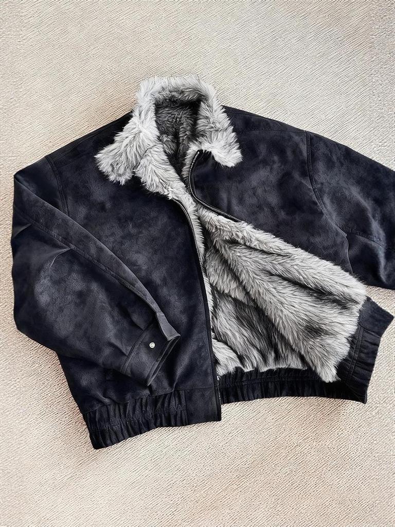 Polar Wolf King Men's Thick PU Leather Jacket with Velvet Fur Collar - Warm Winter Outerwear