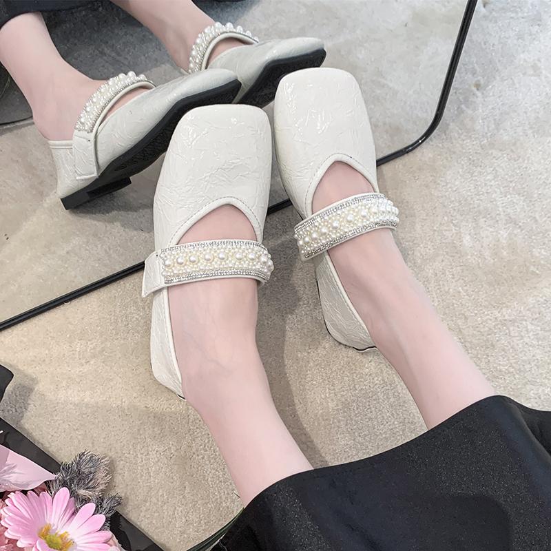 Flat Shoes with One Buckle Strap Autumn New Square Toe Shallow Mouth Rhinestone Soft Sole Non-slip Wear-resistant Single Shoes