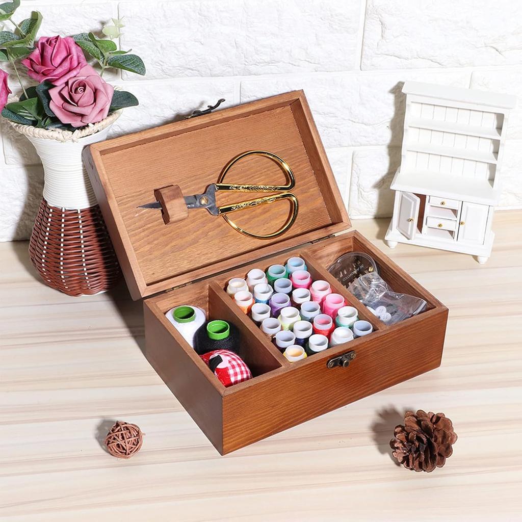 Tissting Wooden Sewing Kit Box, Vintage Taraxacum Pattern, Sewing Repair Tool Set with Storage Box, Needle Thread Storage Case Organizer, DIY Sewing