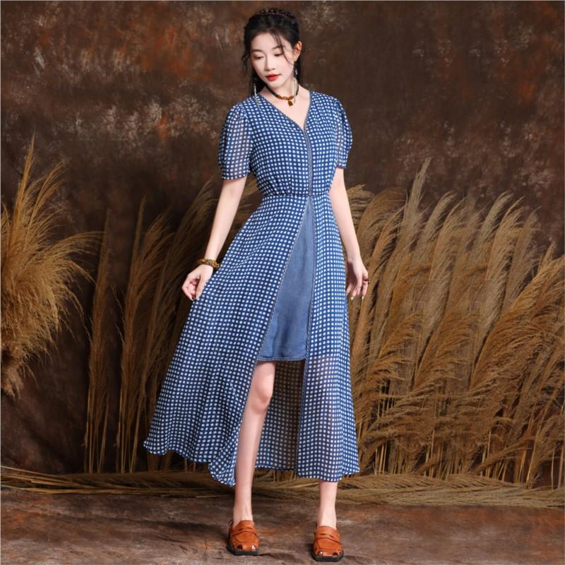 Johnature Summer Women Vintage Polka Dots Dress Fashion Splicing Cotton Short Sleeves V-Neck Casual Dress