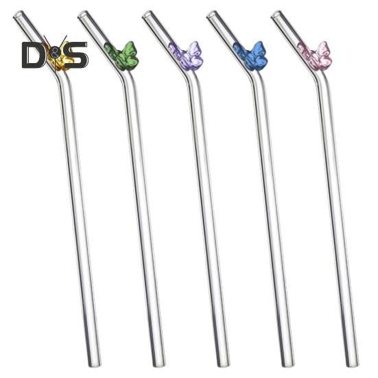 Glass Reusable Straw Colorful Butterfly Design Glass Straw Heat-Resistant Transparent Borosilicate Straws