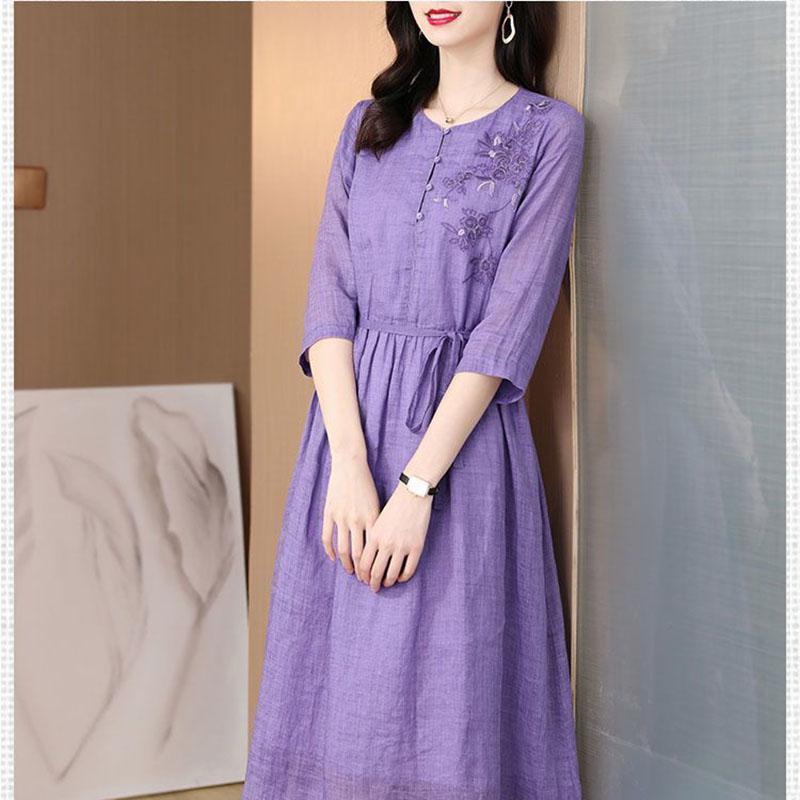 Buy Purple Cotton Dress Women's Summer Casual Linen Pocket Fashion