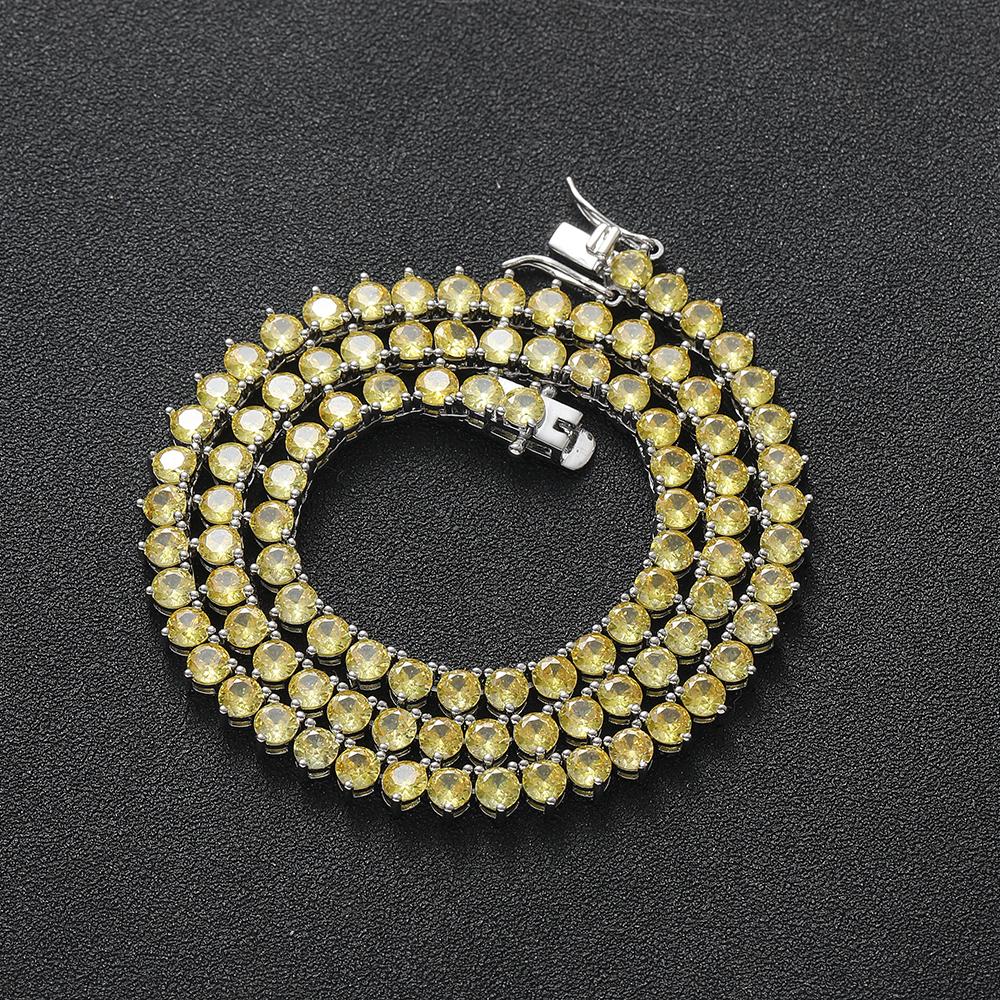 BC157 4mm Brass Setting CZ 3 Prong Tennis Chain Necklace Silver Color Yellow Zircon Women Necklace 16inch(40.64cm)