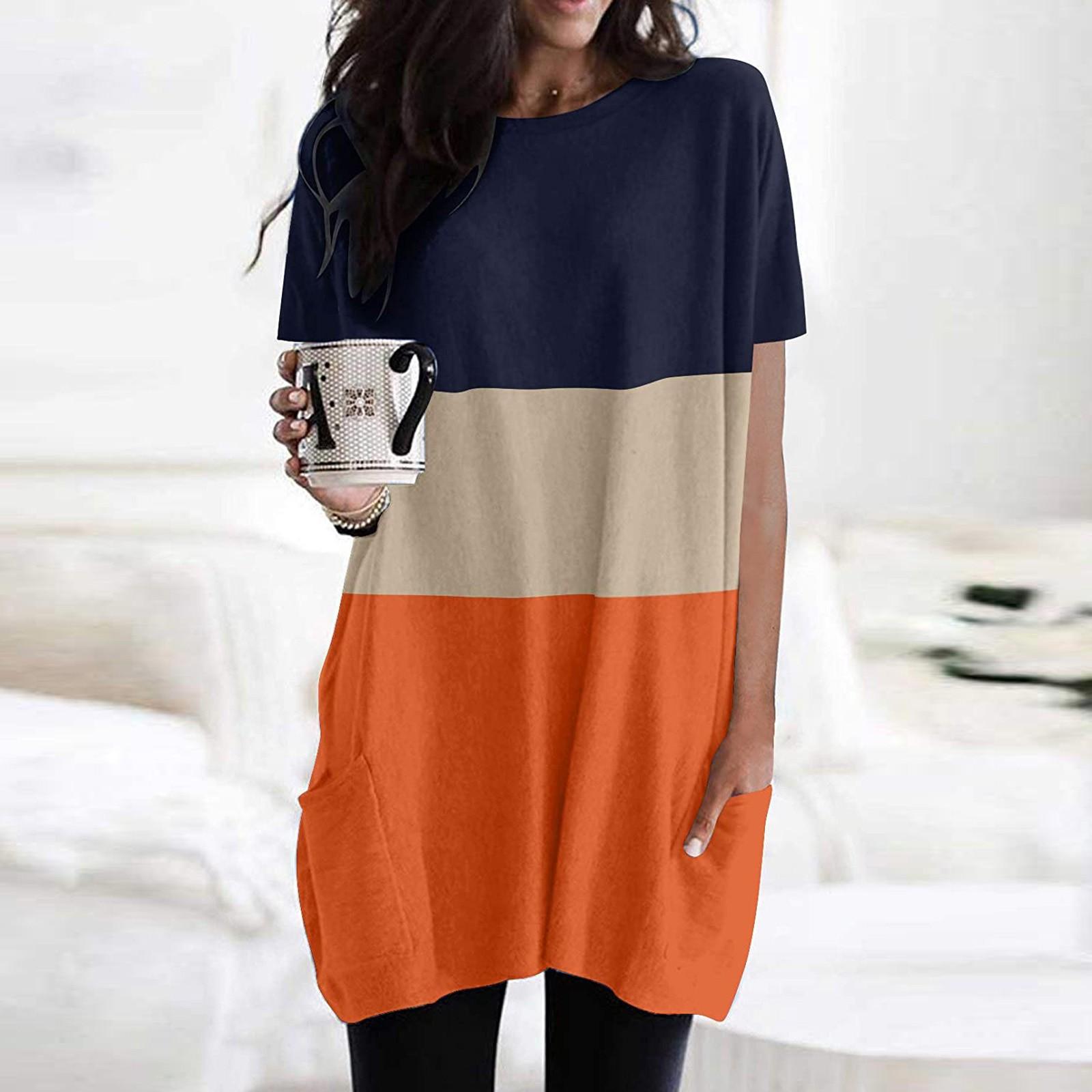 

Fashion Womens Splicing Round-Neck Pockets Long Version Casual Short Sleeves Top M оранжевый