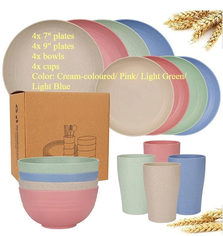 Set di Posate e Stoviglie in Paglia di Grano Naturale Set da Cena Piatti, Ciotole, Tazze Biodegradabili Indistruttibili Leggeri per Cucina Campeggio