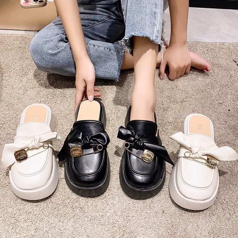 Thick-soled bag head half-drag girl 2025 spring and autumn new Internet celebrity single shoes Korean version bow retro medium heel cool slippers