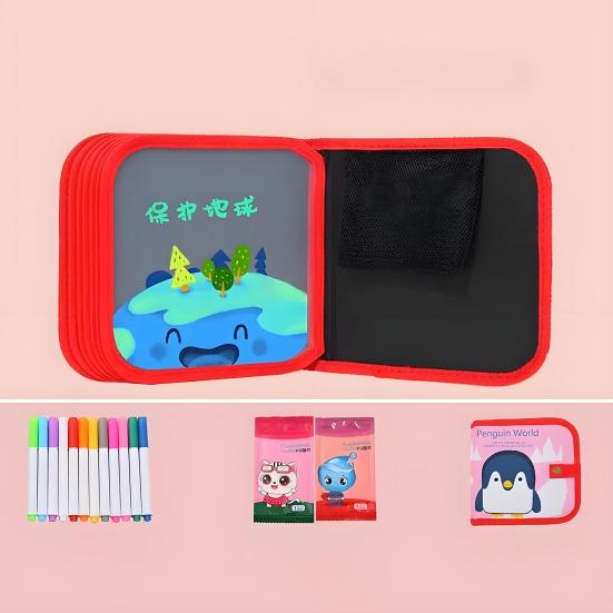 Kids Erasable Graffiti Drawing Book with 12 Watercolor Pens 14 Pages Toddlers Boys Girls Cartoon Doodle Book Educational Drawing Toy