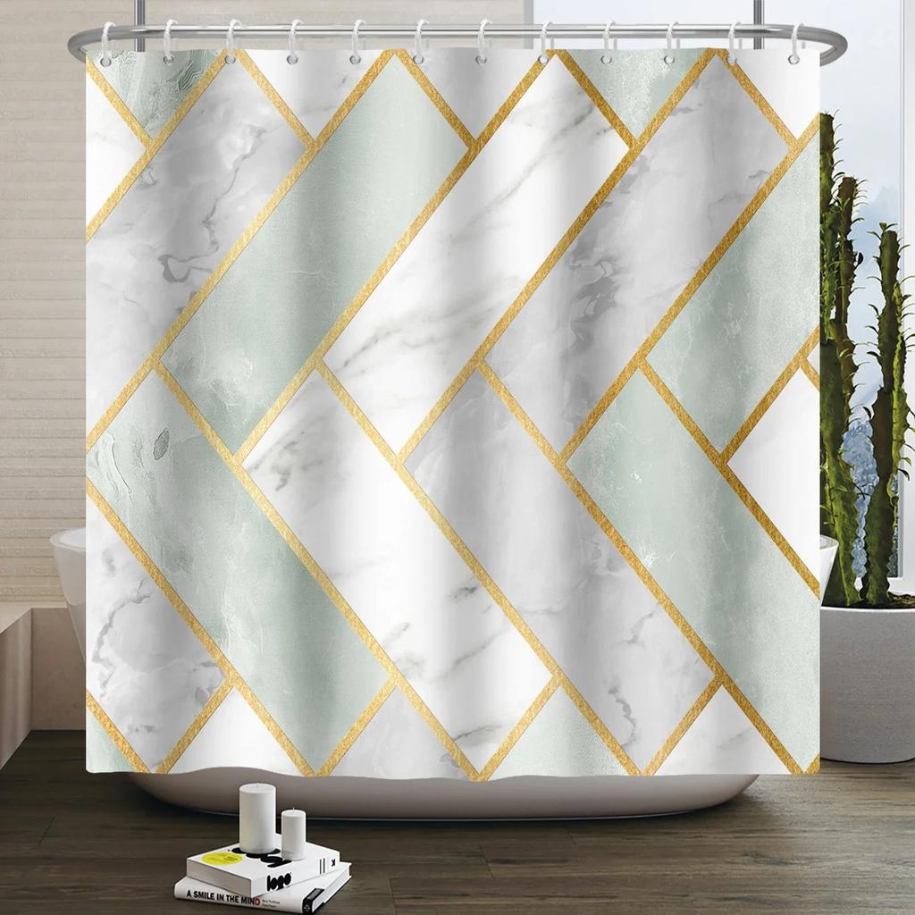 Geometric Shower Curtain Modern Abstract Brown Marble Luxury Gold Bronze Bathtub Screen Waterproof Bathroom Decor