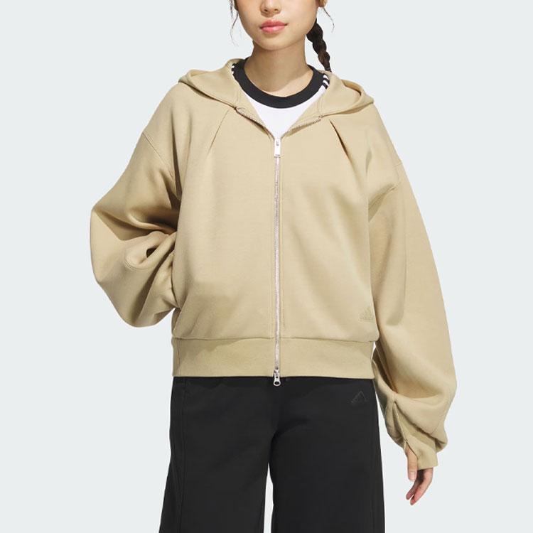 Adidas Spacer Full-Zip Hoodie Solid Color Sports Casual Loose Hooded Jacket Women Jacket Light-Khaki JJ3794