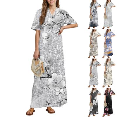 Damenmode Bedrucktes Nachthemd Hauskleidung Kurzarm-Nachthemd mit Taschen Langes Kleid