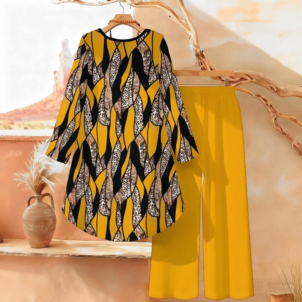 Abstract Design Print Two Piece Outfit Women Long Sleeve Irregular Hem Tunic Top Wide Leg Pants Casual Matching Set