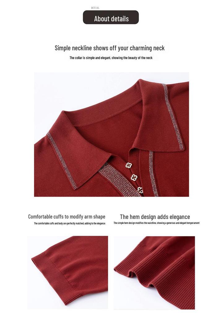 Mom's Autumn Ice Silk Knit Top: Stylish Mid-Sleeve Design with Lapel and Hot Drill Details, Perfect for Middle-Aged Women.