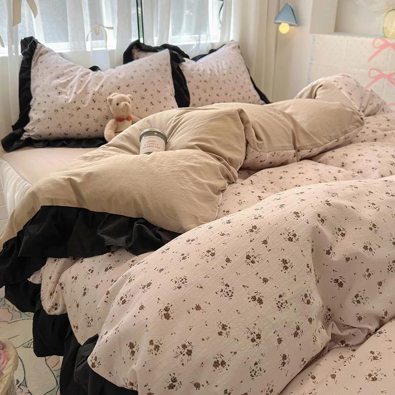 1.5/1.8 Korean Style 100% Cotton Fitted Sheet Sets with Lace Flower Print Bedding Set for Seasons Home Bedclothes for Adult Kids