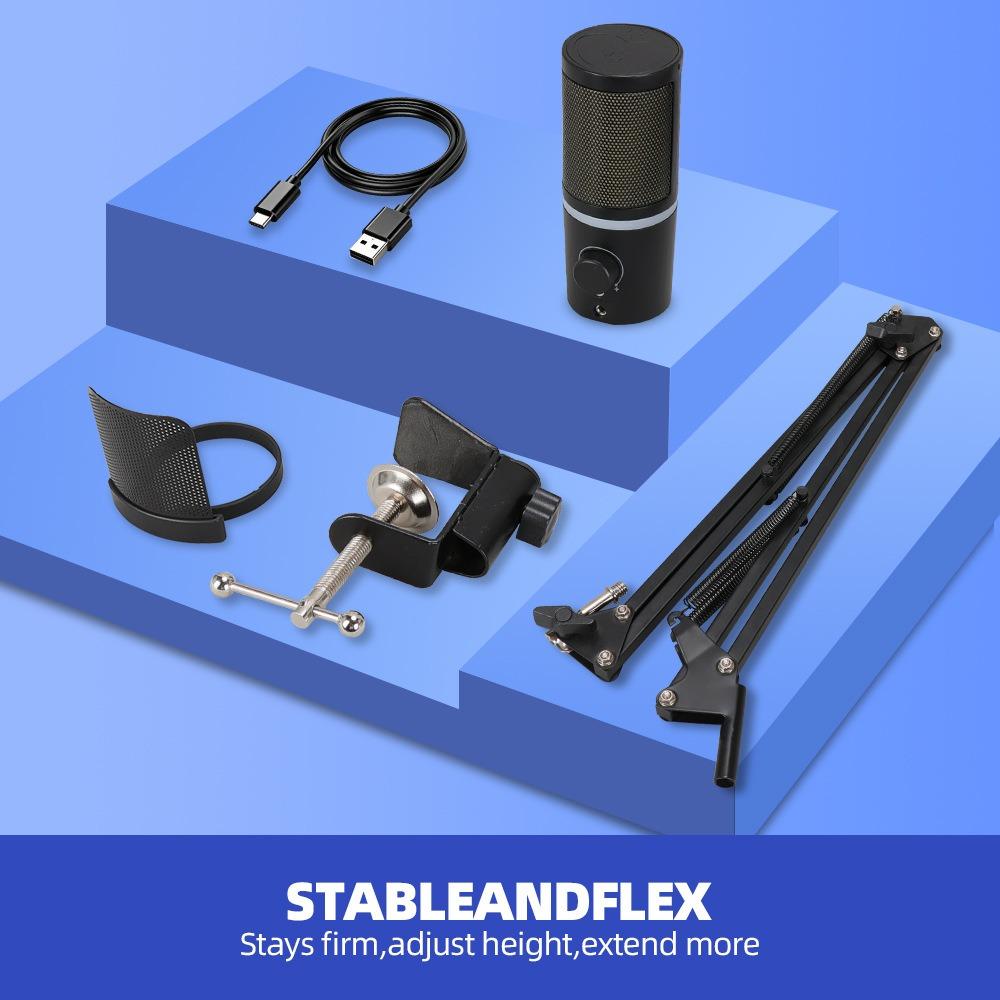 Professional RGB USB Microphone Kit with Boom Arm, Mute Button & Gain Control for Gaming, Streaming, PC, PS5, Mac, Android