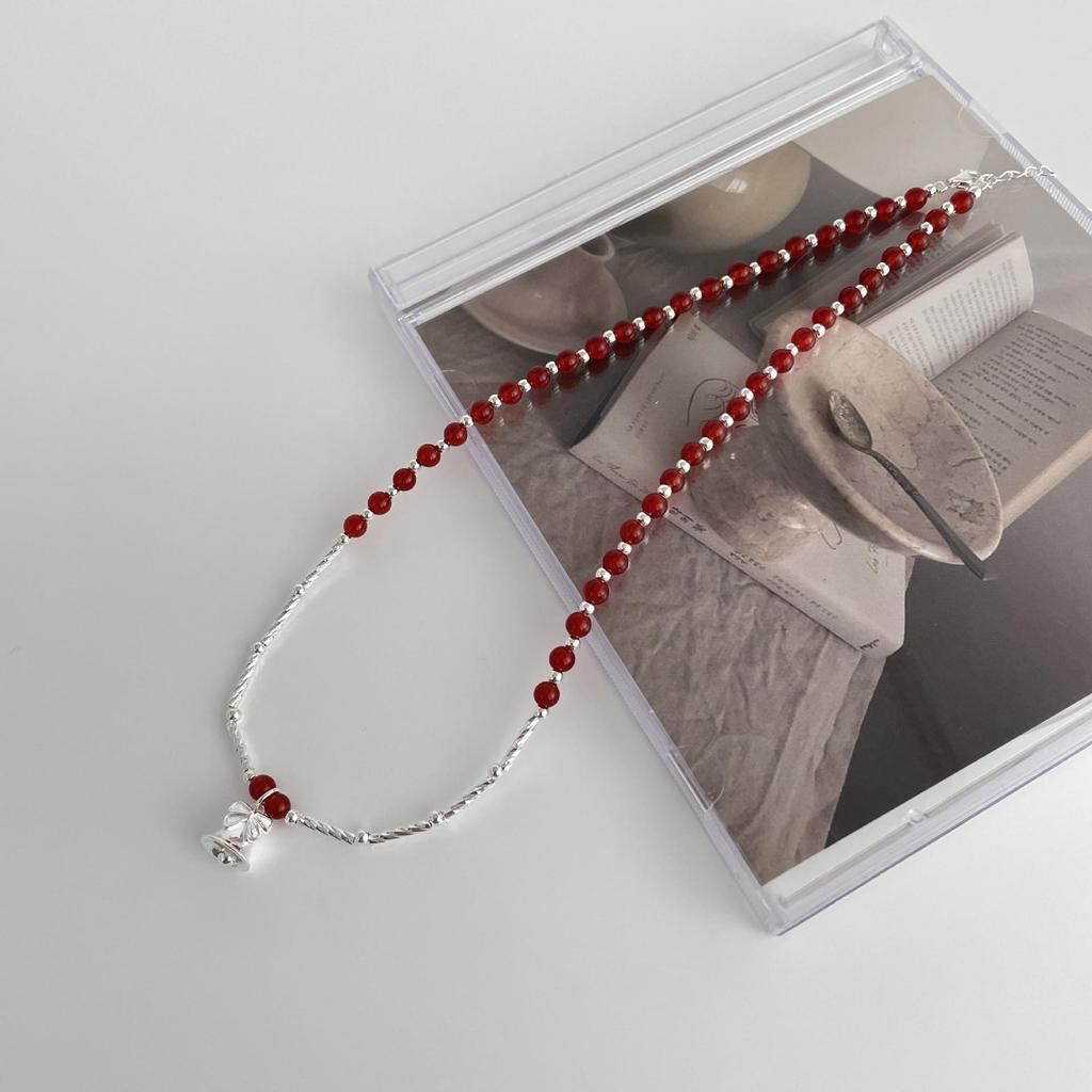 Ticky Red Agate Christmas Necklace S925 Silver Bow Bell Clavicle Chain