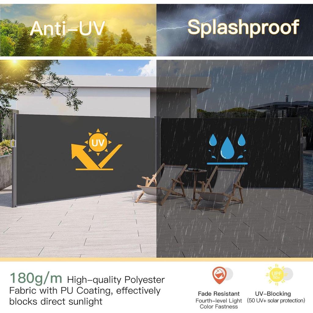 YODOLLA 350x160cm Doppelte ausziehbare Seitenmarkise, Wasserdichter faltbarer Sichtschutz & Raumteiler für Veranda und Terrasse, Grau