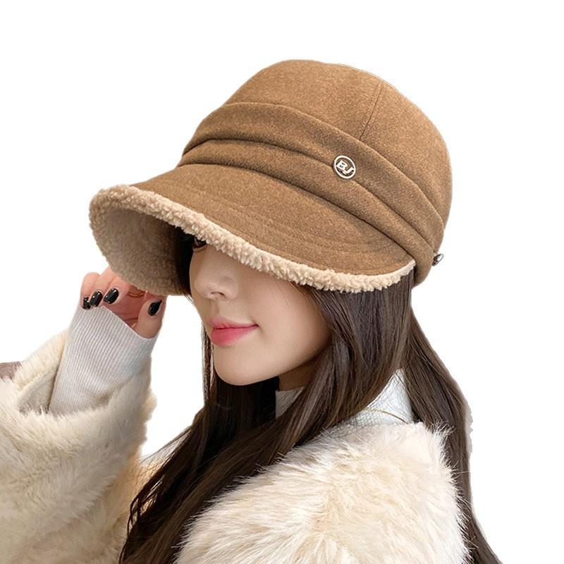 Autumn and winter warm bucket hat female winter Hepburn wind fleece hanging mask showing small face versatile plush big head circumference basin hat