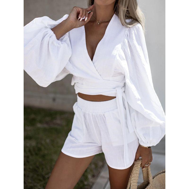 

Women Casual Lace up Suit European and American Fashion Loose Casual Lace-up Pleat All-Match Set White L