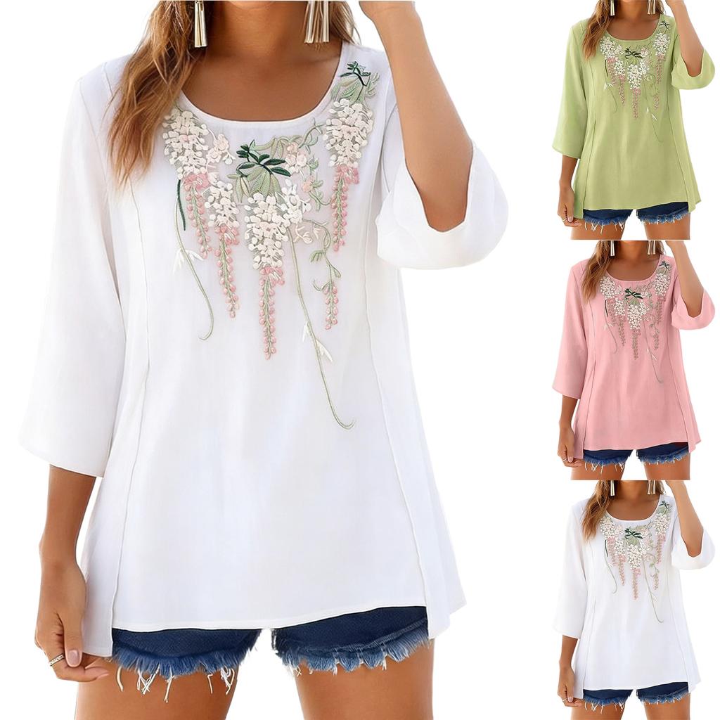 Women's Fashion Loose Casual Summer V-neck 3/4 Length Sleeve T-shirt