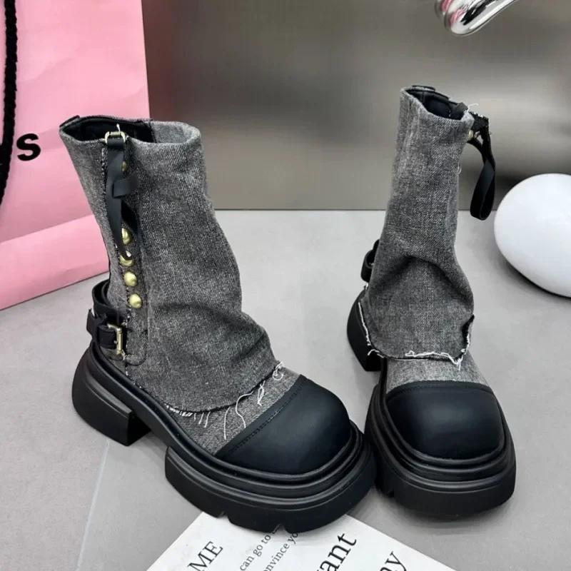 Fashion Women Flats Ankle Cowboy Chelsea Boots Winter Fad Platform Gladiator  Shoes 2025 New Chunky Motorcycle Botas Women Zapatos